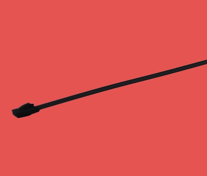 Close-up of one epoxy coated stainless steel cable tie showing self-locking head and black coating