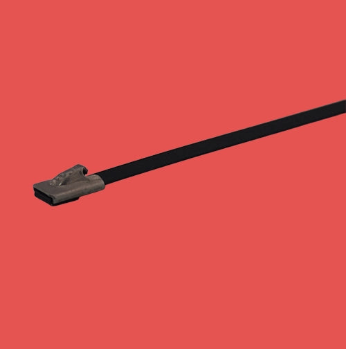 One black PVC coated stainless steel cable tie showing smooth surface and secure locking head