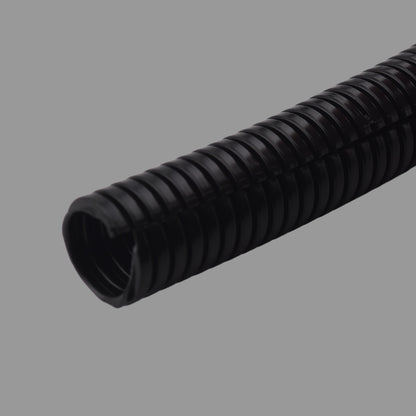 Black nylon split corrugated conduit showing open seam and ribbed structure