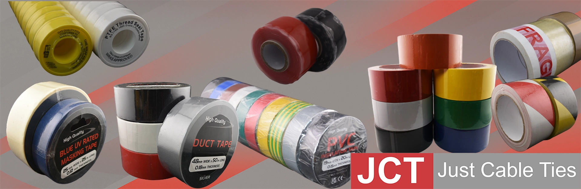 A range of tapes including PTFE tape, silicone tape, PVC insulation tape, duct tape, masking tape, parcel tape and hazard tape.