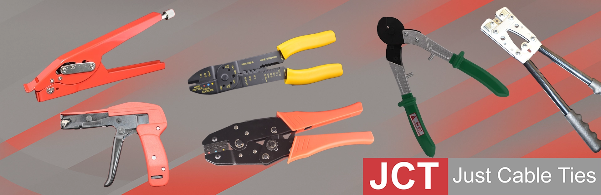 an image showing a range of cable ties guns, cable tie tensioning tools, crimping tools and a wire cutters.