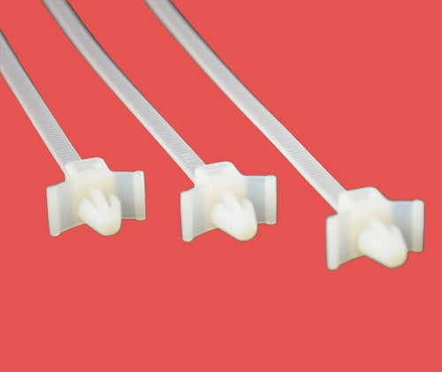 Three winged push mount cable ties in natural colour showing secure fixing heads – used in wiring looms and control panels