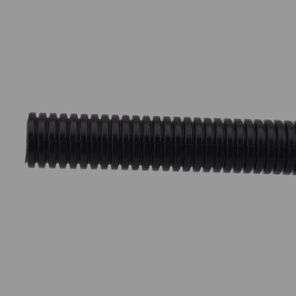 Close-up of black nylon non-split corrugated conduit showing ribbed structure
