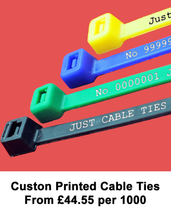 Blue, green, yellow, and black custom printed cable ties with sequential numbers and “Just Cable Ties” branding to demonstrate text option availble on a red background. Text at the bottom reads “Custom Printed Cable Ties From £44.55 per 1000.”