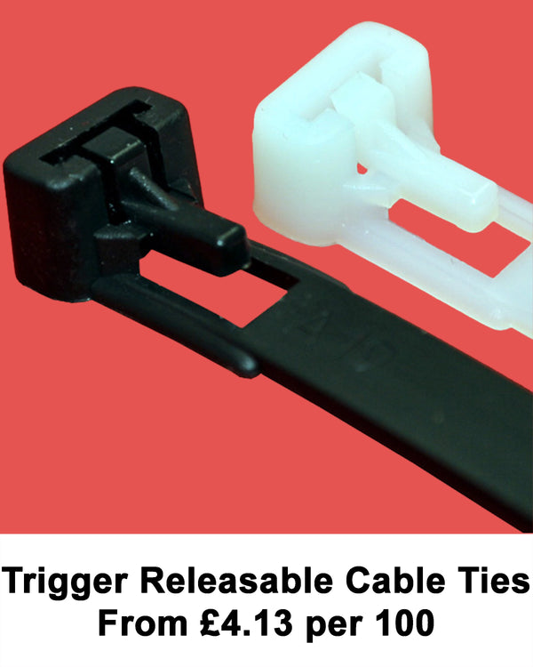 Black and natural 7.6mm wide trigger releasable cable ties showing trigger release mechanisms on a red background. Text at the bottom reads “Trigger Releasable Cable Ties From £4.13 per 100.”