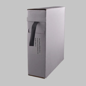 A white box containing 2:1 black heat shrink. This is a mini-reel of black heat shrink.