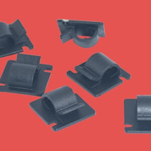 Group of six black nylon cable clips shown from multiple angles for versatile cable management