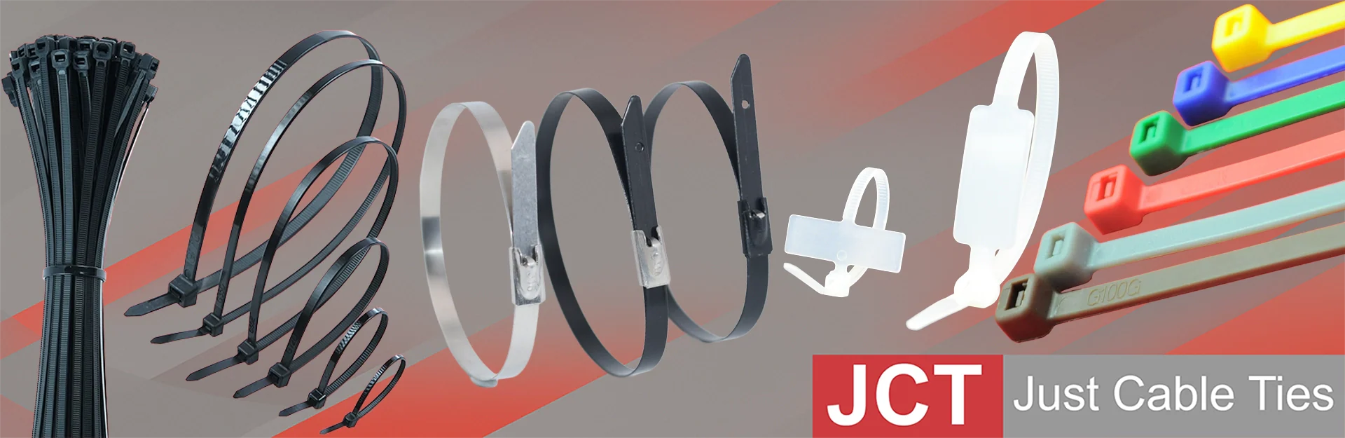 The image shows various cable ties, which include black cable ties, stainless steel cable ties, marker ties and coloured cable ties