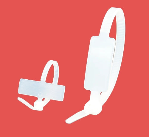 Two cable marker ties zipped into loops to show application, one 100mm with a horizontal tab and one 190mm with a vertical tab.