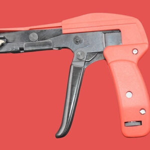 Manual cable tie tensioning gun for standard nylon cable ties with carbon steel cutter and durable aluminium body.