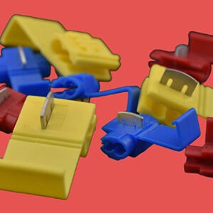 Assorted heat shrink in-line splice connectors in red, blue, and yellow.