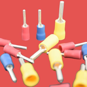 Assorted pre-insulated pin crimps in red, blue, and yellow.