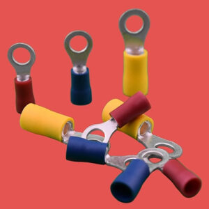 Assorted insulated ring terminals in red, blue, and yellow.