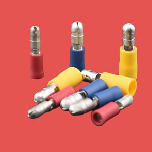 Assorted pre-insulated male bullet crimps in red, blue, and yellow.