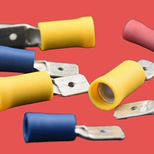 Assorted pre-insulated male spade connectors in red, blue, and yellow.
