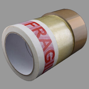 brown, clear, and fragile parcel tape lying side by side.