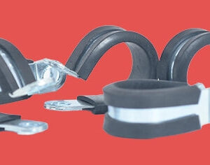 Four rubber lined P clips shown from different angles for cushioned cable or pipe support