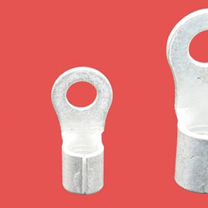Front view of three uninsulated ring terminals in small, medium, and large sizes.