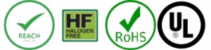 REACH, Halogen Free, RoHS and UL logos